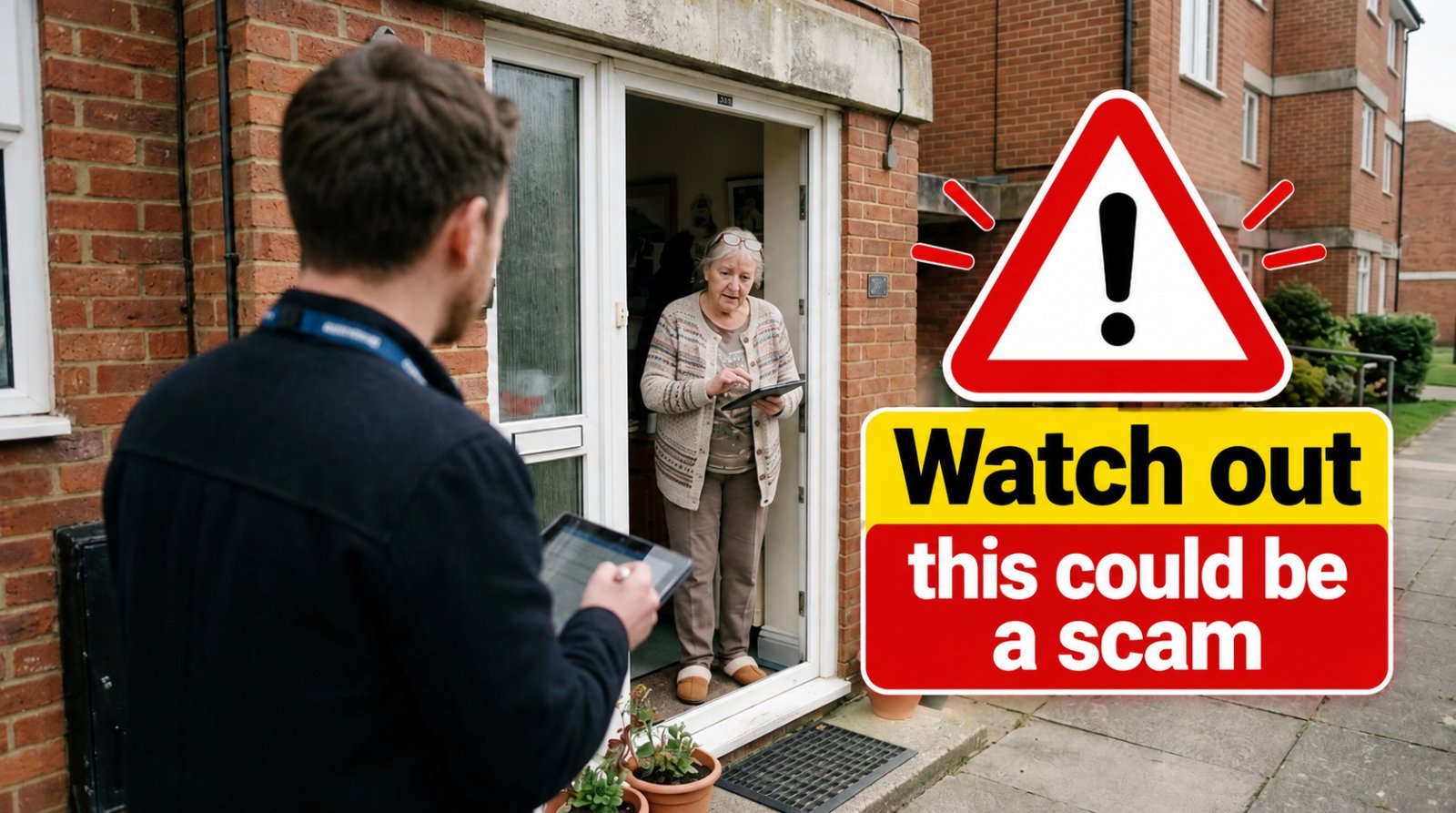 A man with a lanyard and tablet at the door of a block of flats, where an older resident looks unsure as she is asked to sign. A warning sign reads: Watch out, this could be a scam.